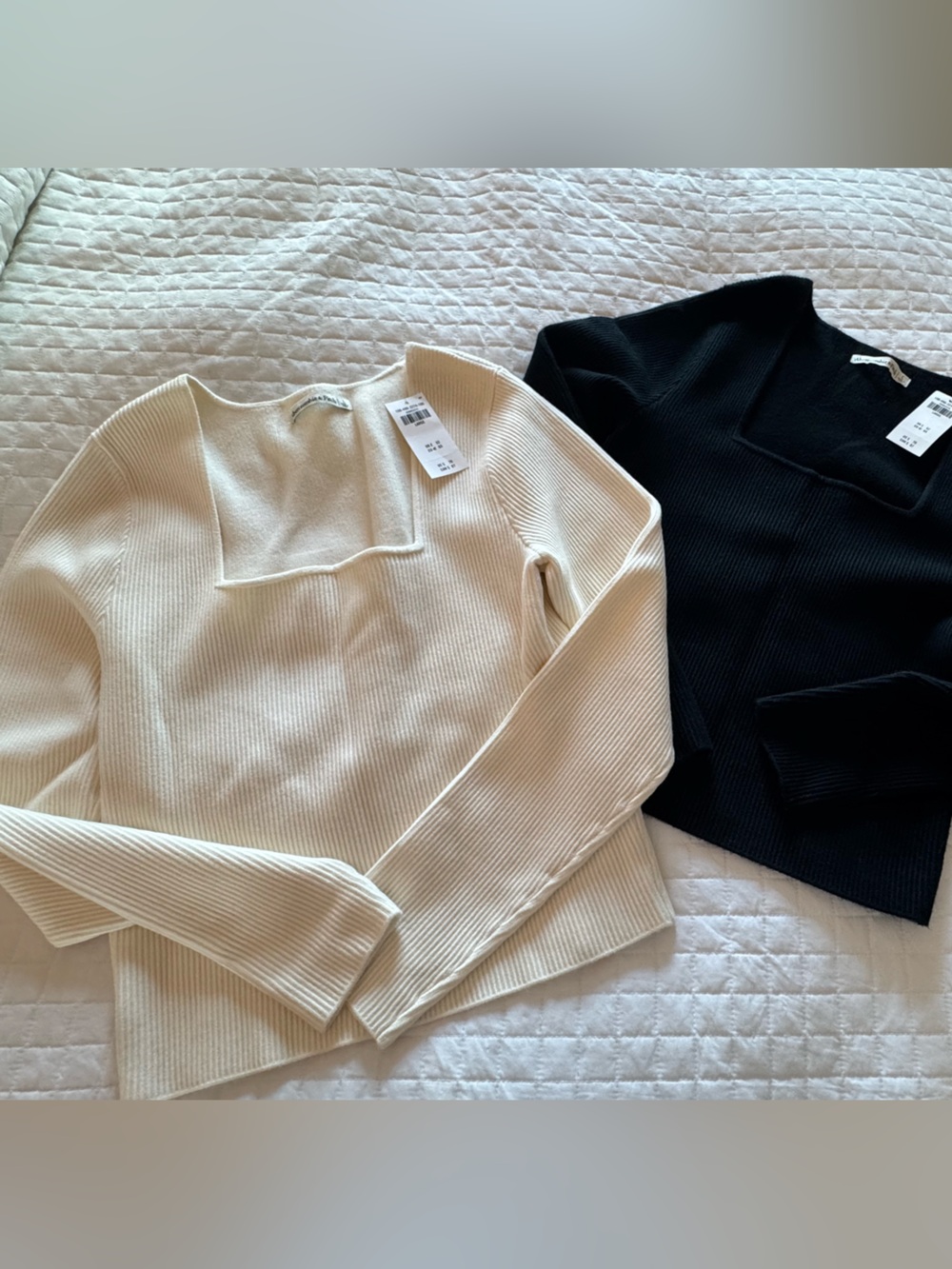 Abercrombie & Fitch Ribbed Square-Neck Sweaters - Cream & Black